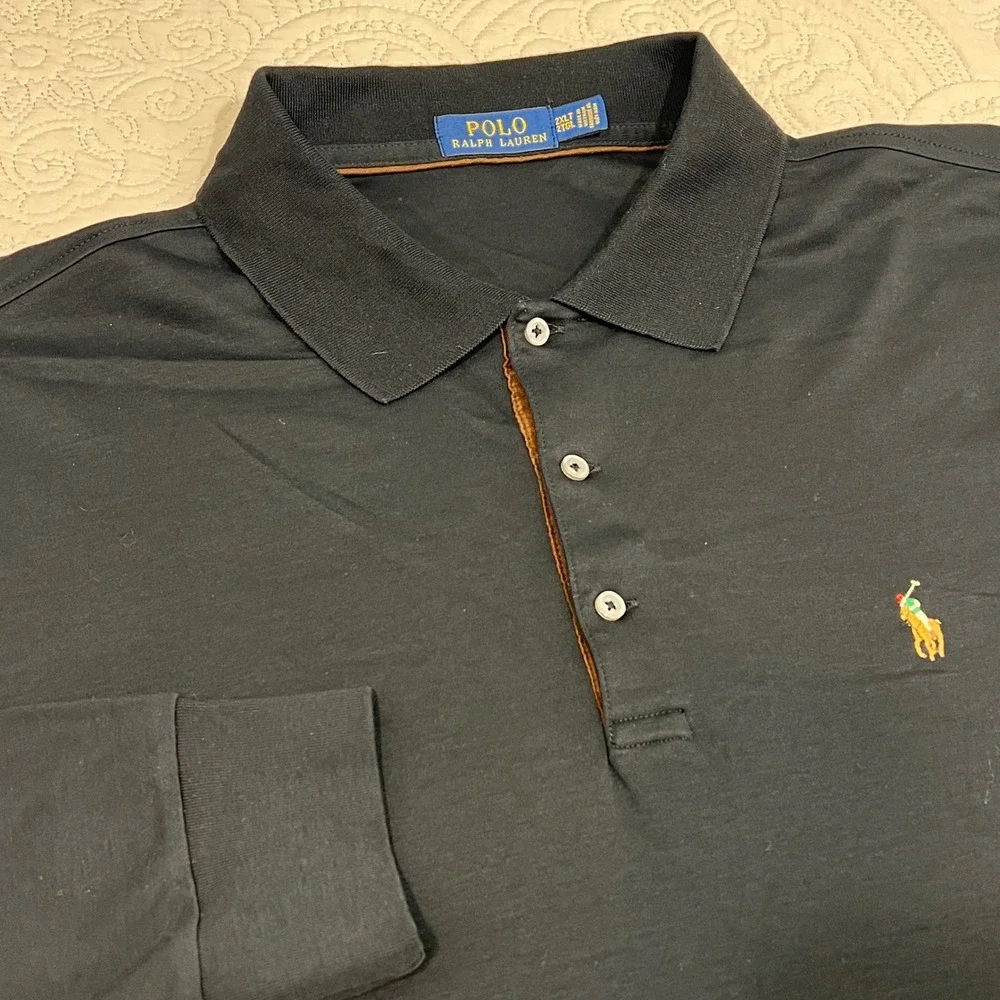 Polo Ralph Lauren Mens‎ Black Long Sleeve Polo Shirt Big & Tall 2XLT Cotton Pony